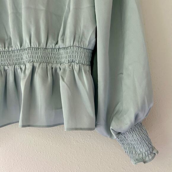 Express wrap peplum long puff sleeve silky satin top V neck feminine romantic M - Picture 9 of 13